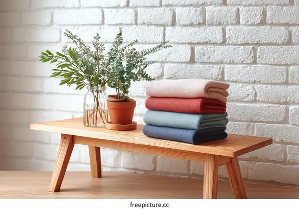 Colorful Knitted Blankets Stacked on Wooden Bench