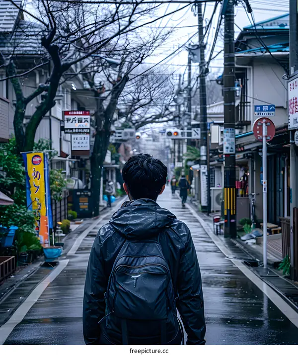 Rainy Day Walk in a Narrow Street in Japan