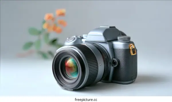 Vintage Silver Camera on a Light Grey Background
