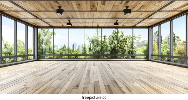 Empty Room With Wooden Floor And Large Windows Showing Green Trees And Cityscape