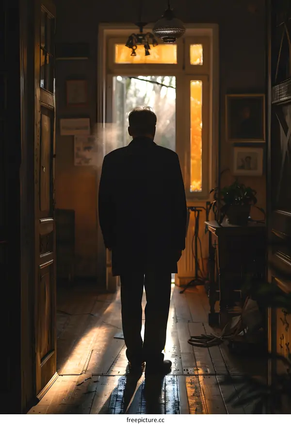 Silhouette of a Man Walking Through a Doorway with Light Streaming In