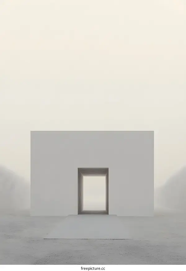 Minimalist White Building With Open Doorway Leading To Fog
