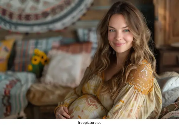 Pregnant Woman in Boho Style Dress