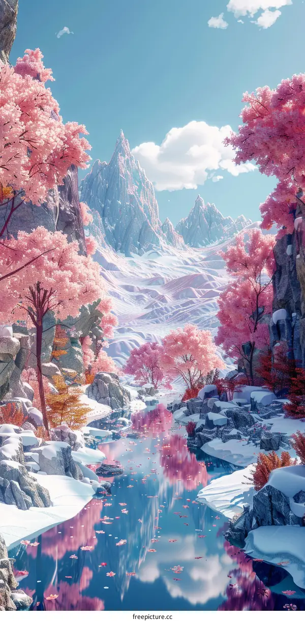 Fantasy landscape with pink trees and blue river