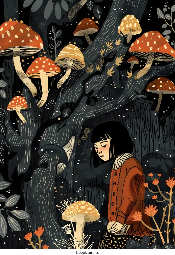 Girl Standing in a Forest with Mushrooms