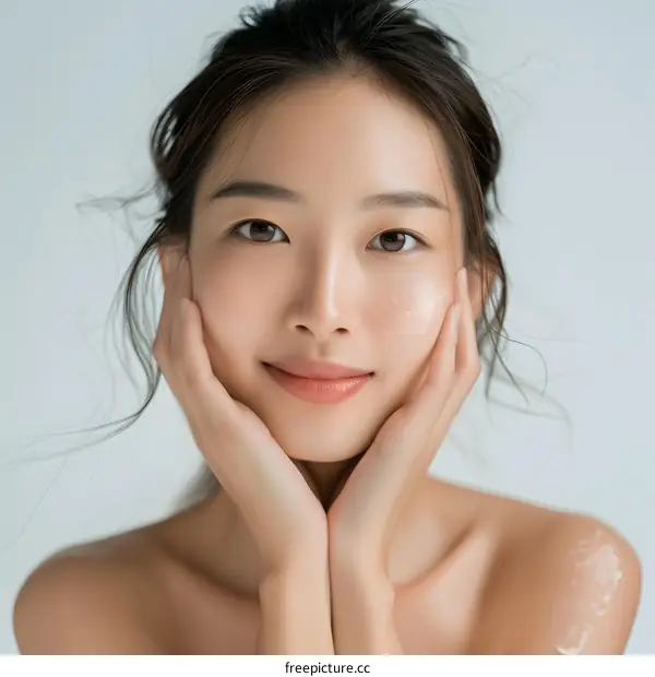 Beautiful Asian Woman with Perfect Skin Applying Cream