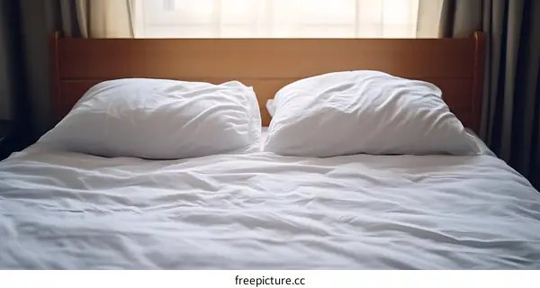 White Bed with Two Pillows and Wooden Headboard