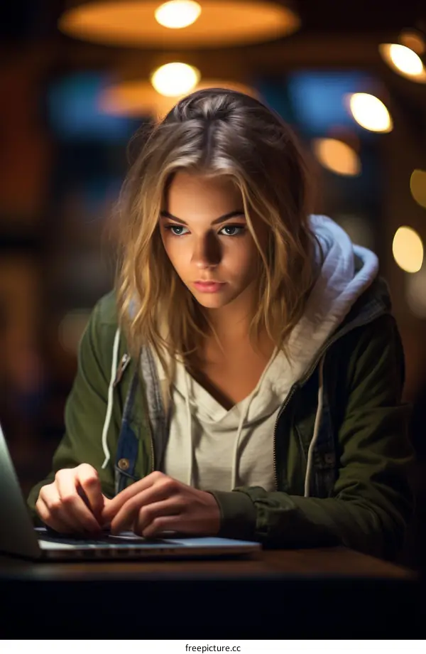 Portrait of a young woman using laptop in a cafe
