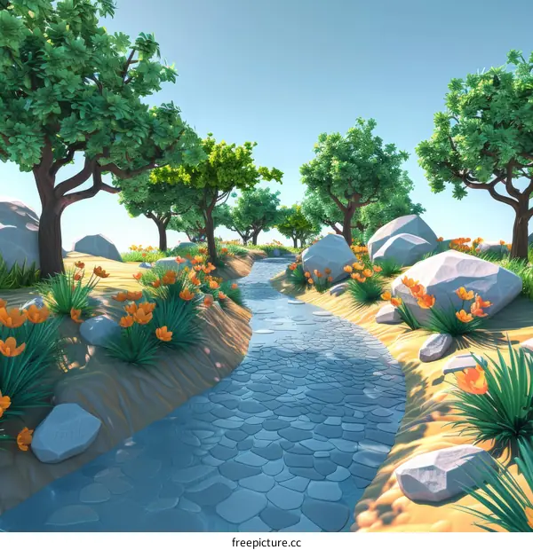 Cartoon style rendering of a river flowing through a canyon landscape