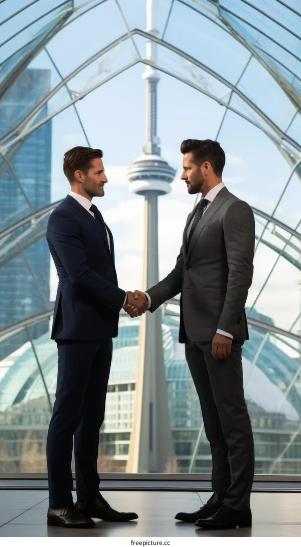 Two businessmen shaking hands in front of the CN Tower in Toronto