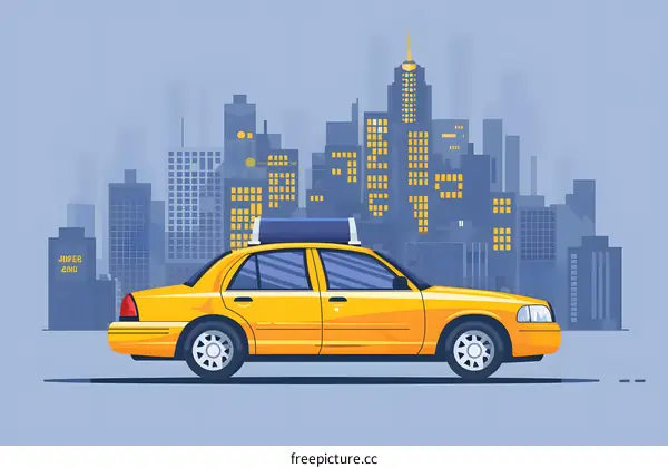Yellow Taxi Cab Driving Through City Skyline Illustration