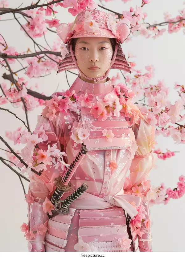 A woman wearing a pink samurai armor with cherry blossoms