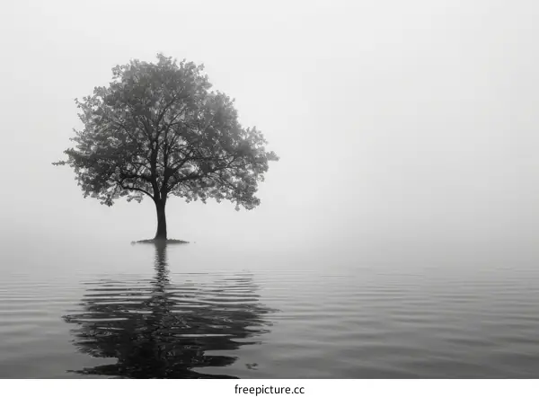 Solitude in a Misty Landscape: A Tree Reflects on the Lake's Tranquility