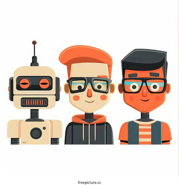 Illustration of a robot and two people of different ethnicities wearing glasses