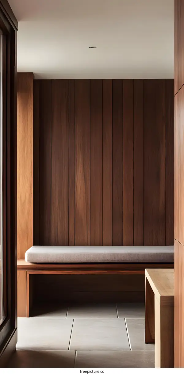 Minimalist Modern Interior Design with Wooden Wall Panels and Bench