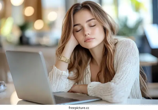 Woman Sleeping at a Laptop in a Cafe