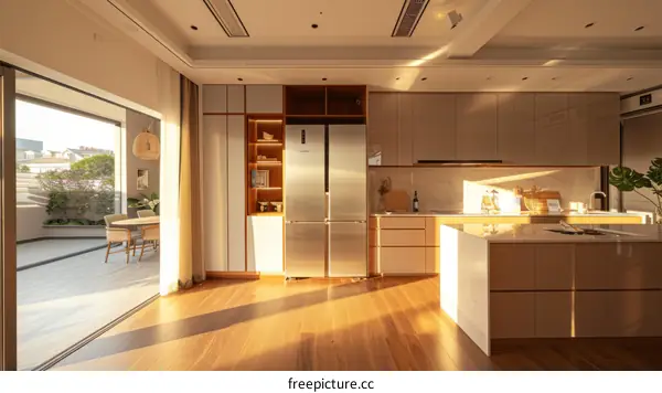 An open-concept kitchen with a large island and a dining area