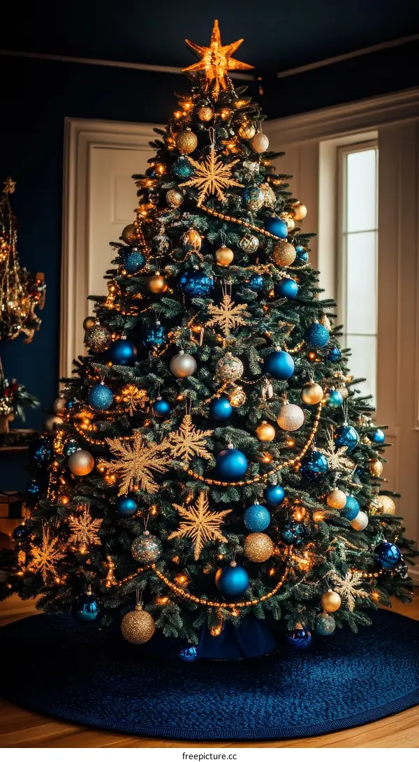 Christmas Tree Decorated with Blue and Gold Ornaments