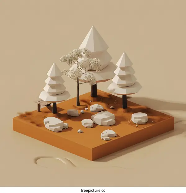 Low Poly Illustration of a Forest with Trees and Rocks