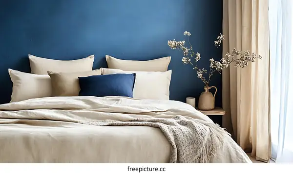 Beige Linen Bedding in a Dark Blue Bedroom