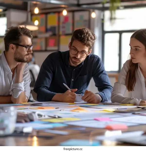Three people are discussing a project in an office.
