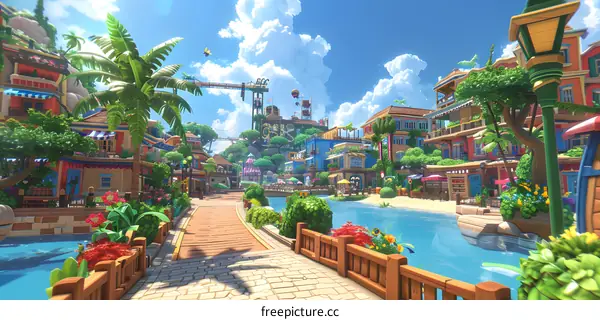 Colorful Cartoon Town With Buildings and Waterway