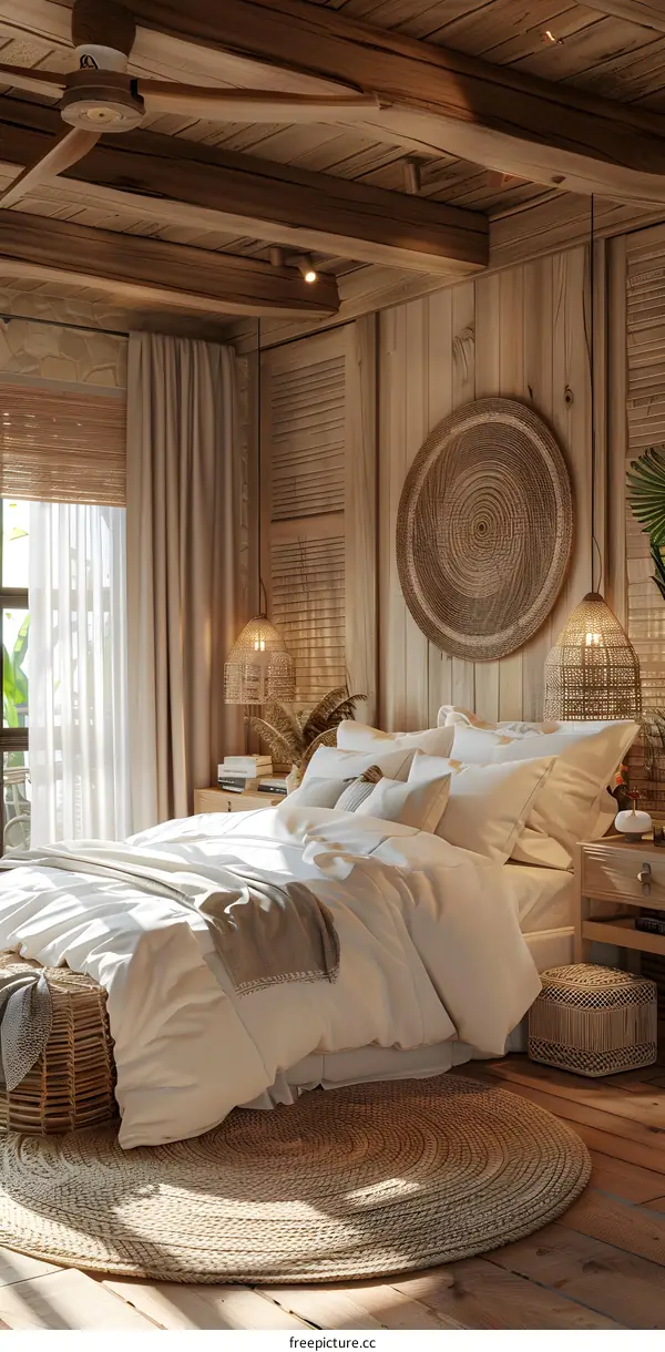 Modern Bohemian Bedroom Featuring Teak Wood and Rattan