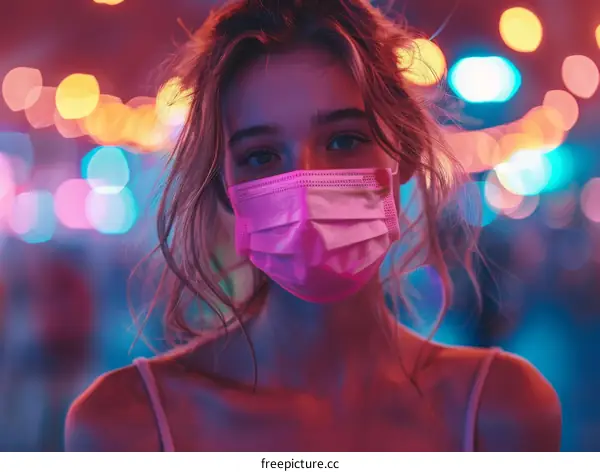 Portrait of a young woman wearing a pink mask