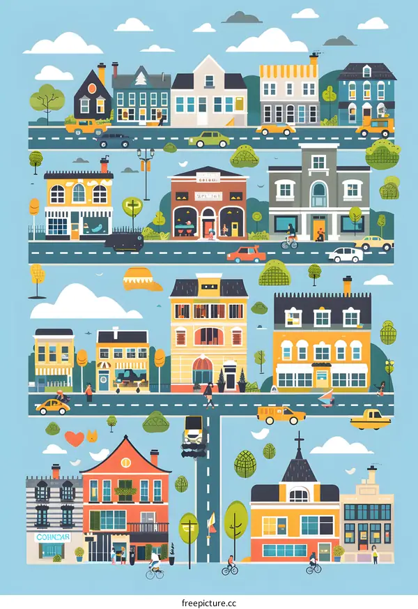 Cute Colorful Illustration of Small Town with Houses Buildings and People