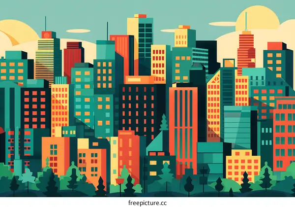 Modern Cityscape Skyline Illustration With Colorful Buildings