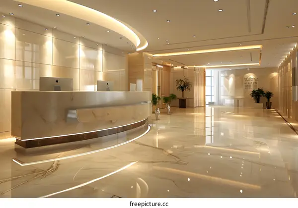 Modern Office Lobby Interior With Marble Tiles And Plants