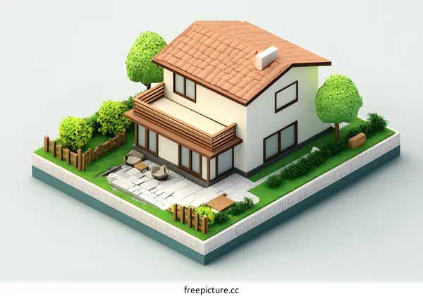 Isometric 3D Illustration of a Simple House with Garden