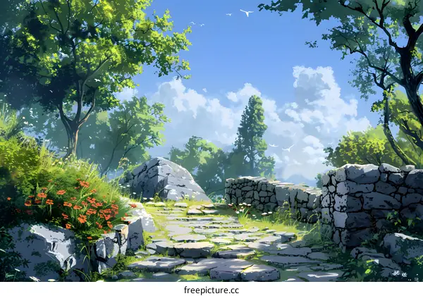 Stone Path Through Lush Green Forest Landscape