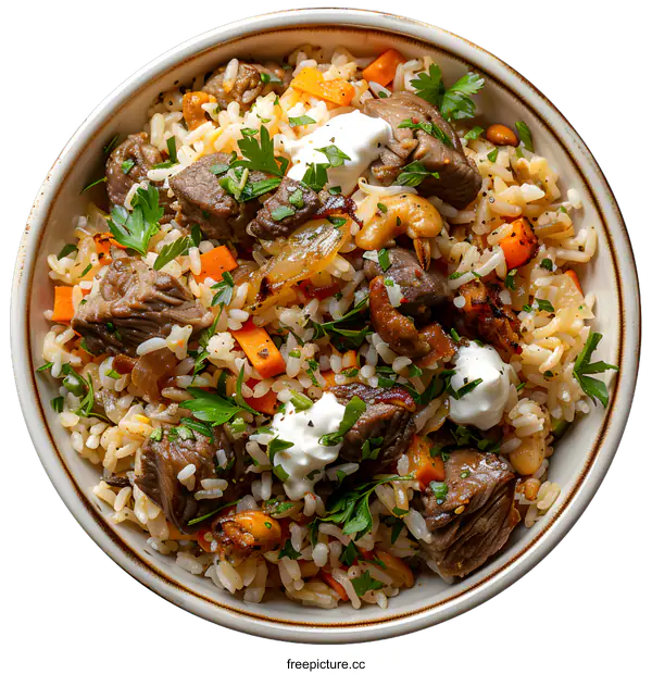 [Transparent Background PNG]Lamb and Rice Bowl with Cashews and Parsley