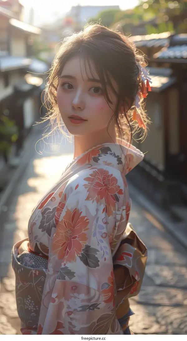 Asian Woman in Traditional Japanese Kimono in a Street Scene