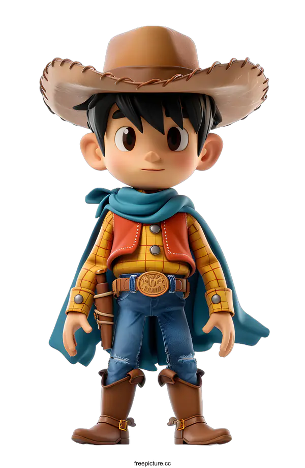 [Transparent Background PNG]A 3D rendering of a young boy dressed as a cowboy.