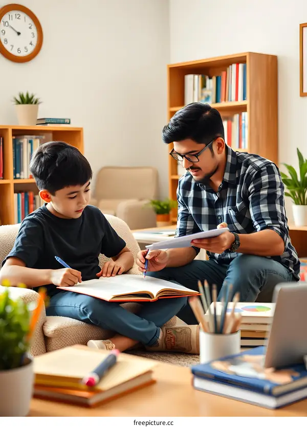 Young Boy Receives Help with Homework from His Tutor