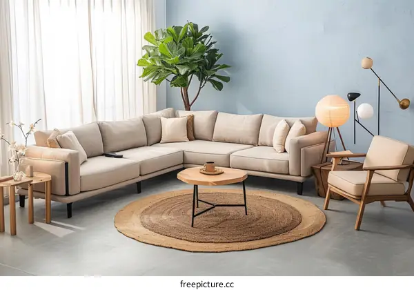 A Modern Living Room with a Beige Sofa and Jute Rug