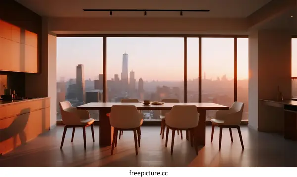 Modern Dining Room with City View and Large Windows