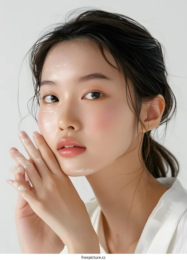 Close Up Portrait of a Young Asian Woman Applying Face Cream