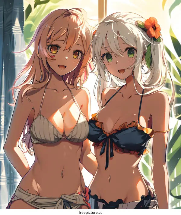 Two Anime Girls in Bikinis Smiling at Camera