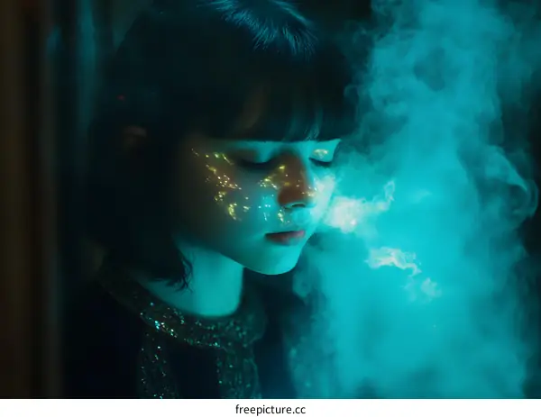 Woman With Blue Lights And Smoke