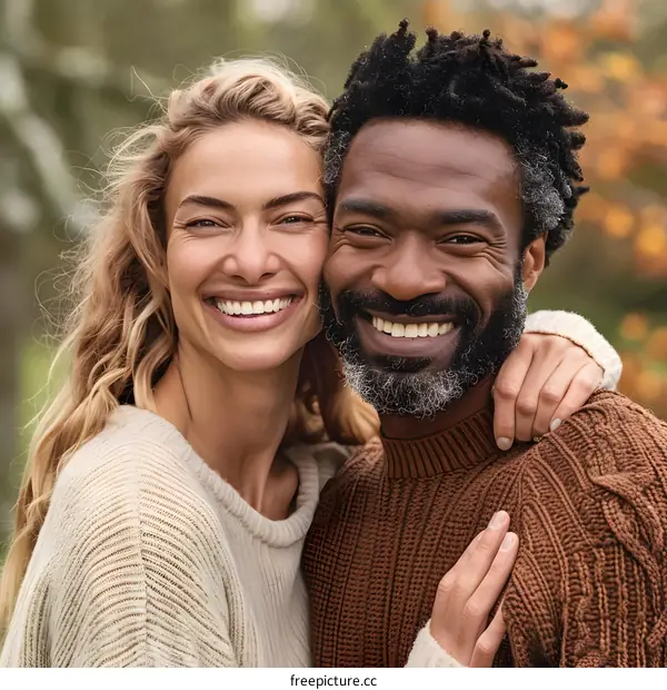 Smiling Interracial Couple Posing Close Together in the Autumn