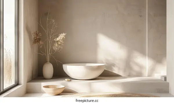 Bathroom Interior with Natural Materials Illuminated by Sunlight