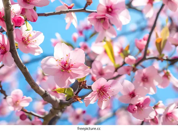 Closeup of Pink Cherry Blossoms in Bloom Against a Blue Sky