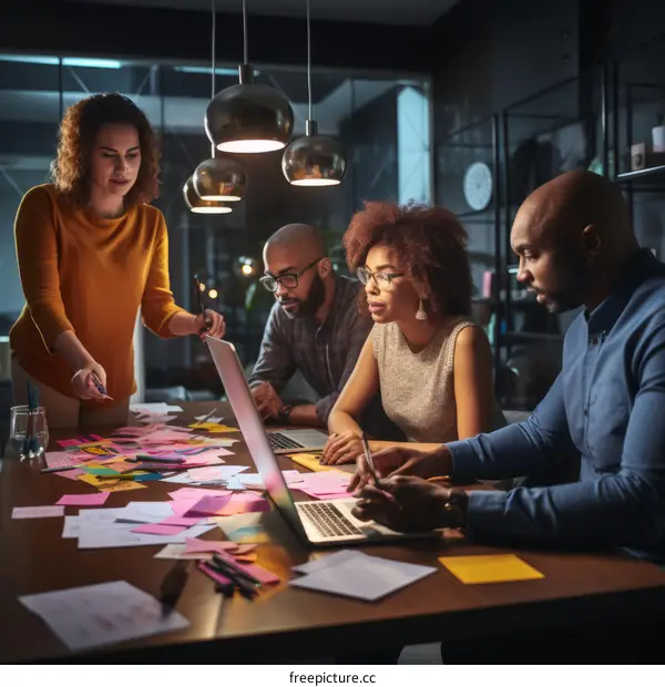 A group of people working on a project together in an office.
