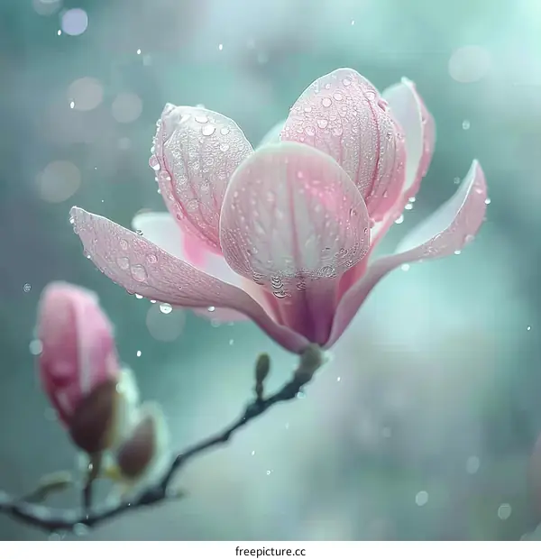 Raindrops on a pink magnolia flower