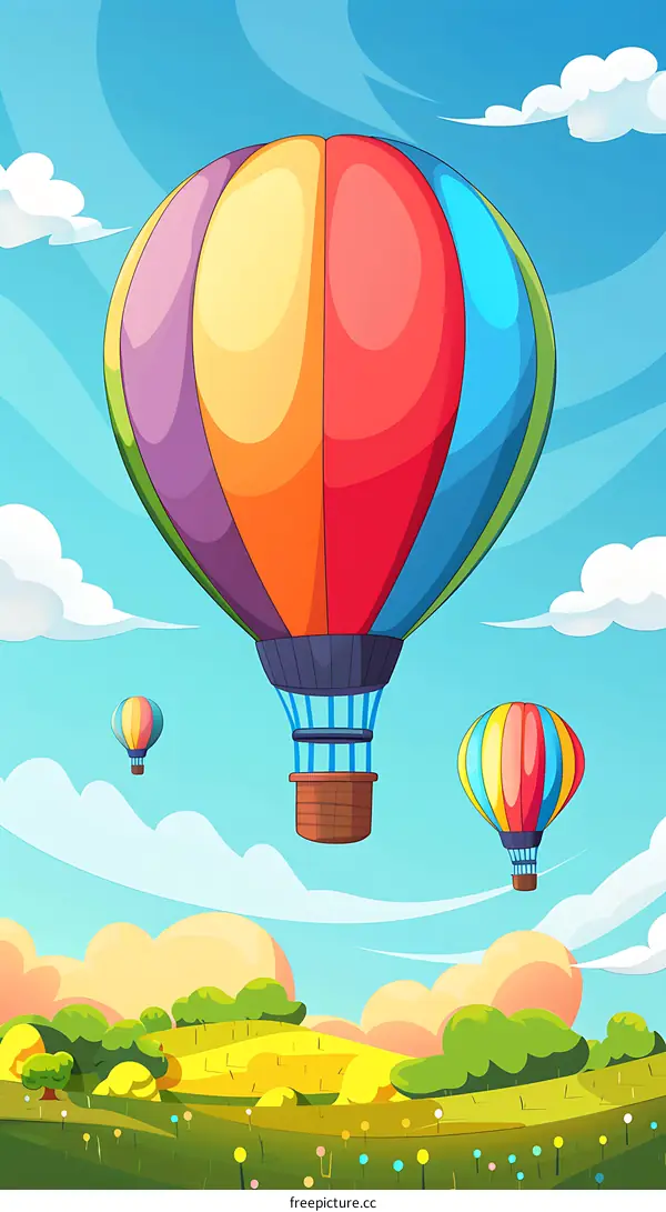 Colorful Hot Air Balloons Flying Over Green Fields and Blue Sky