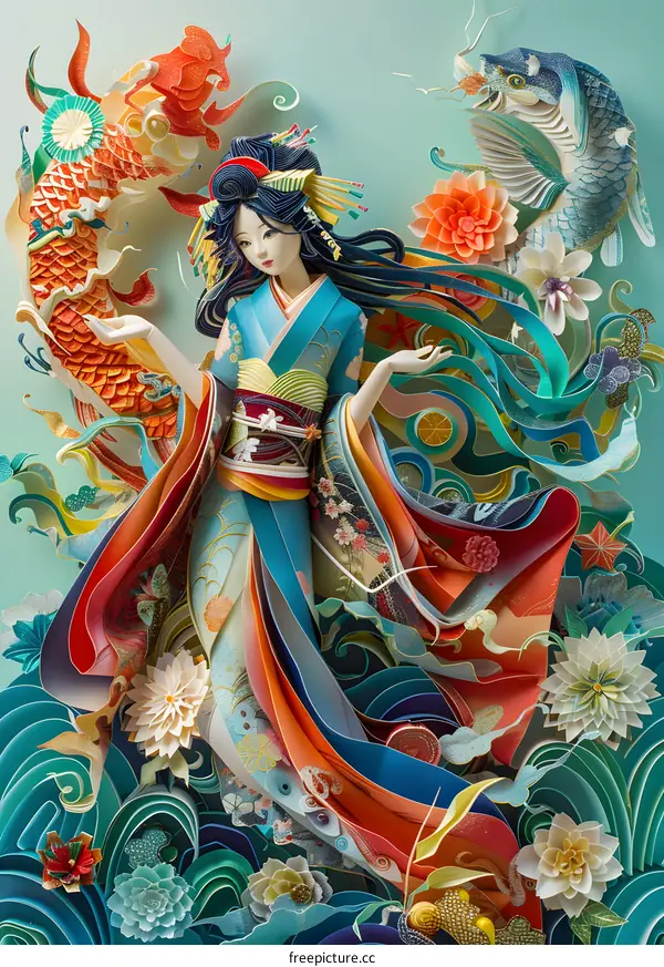 A Japanese woman in a kimono with a koi fish and flowers.