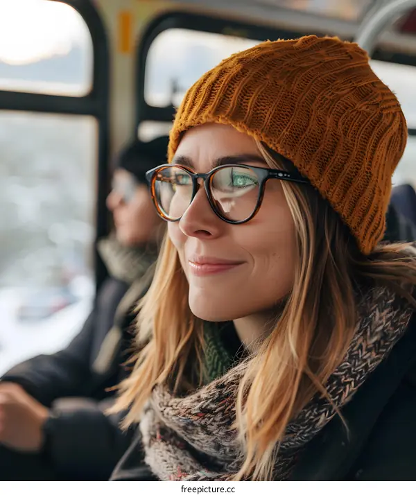 Woman in a Knit Hat and Scarf Looking out the Window of a Bus